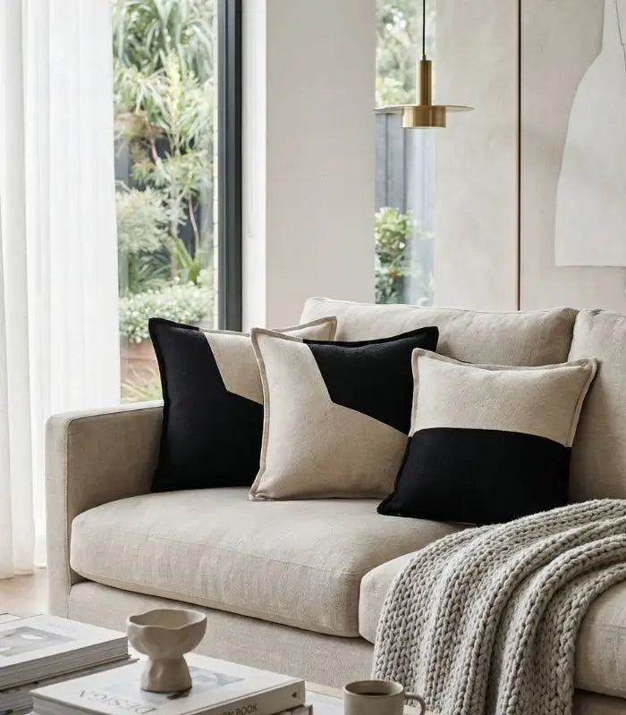 1073 Modern Black & Cream Colour Block Cushion Cover Collection Indoor/Outdoor 45x45 cm