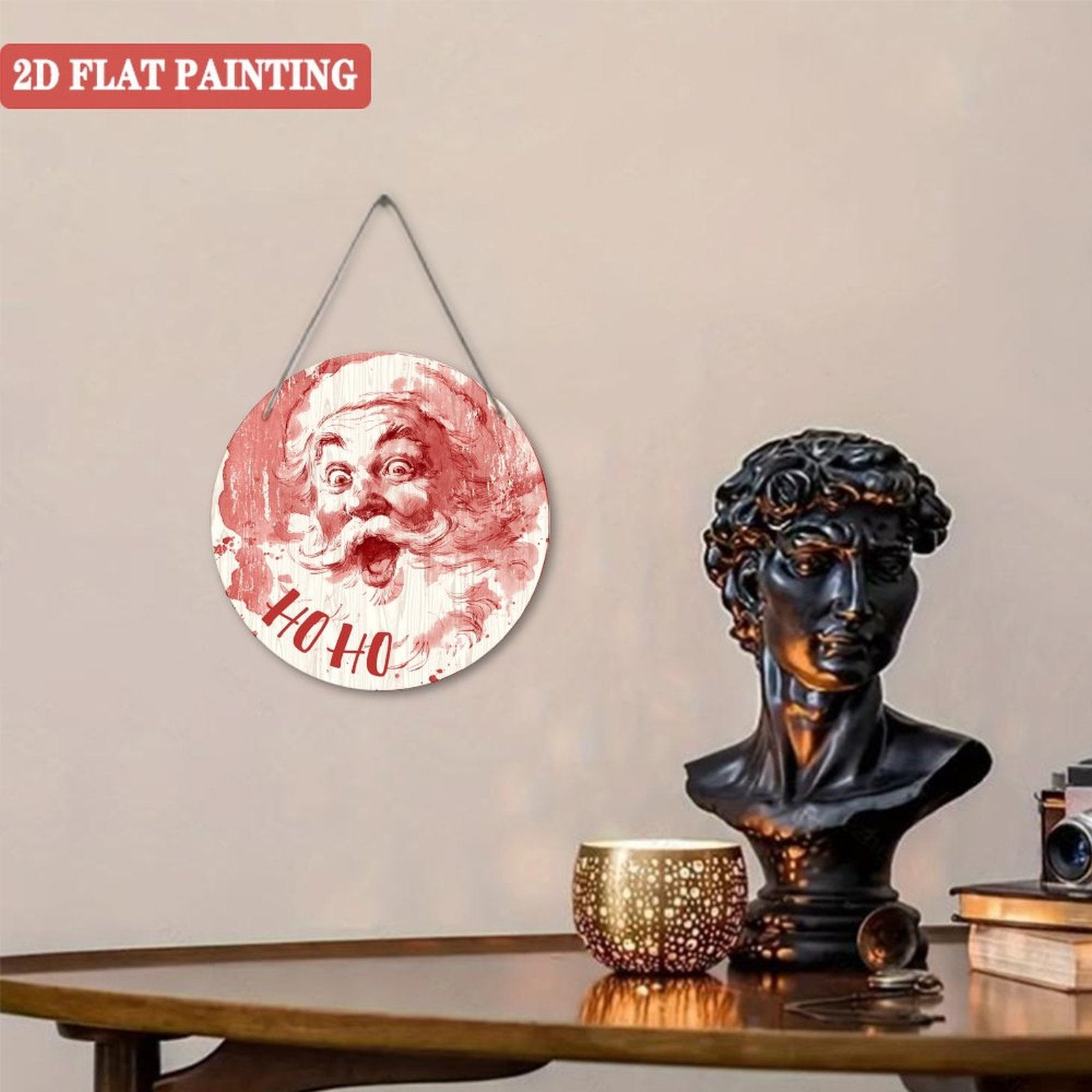 Vintage Santa Face Decor Round Wood Panel Painting 08×08inch(20×20cm)