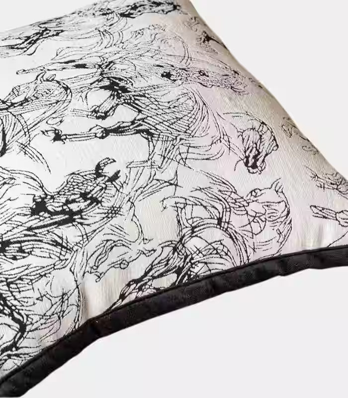 1061 Equestrian Sketch Cushion Cover – Black and White Horse Study Jacquard Pillow Case 45x45 cm