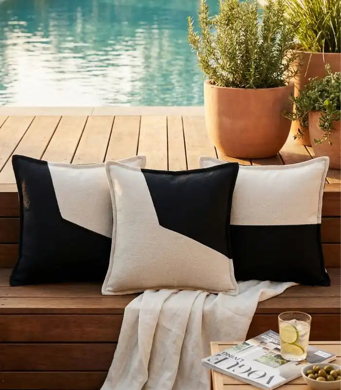 1073 Modern Black & Cream Colour Block Cushion Cover Collection Indoor/Outdoor 45x45 cm