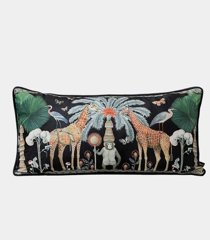 1080 Safari Scene Cushion Covers – Velvet with Whimsical Animal Designs Black Multicolour