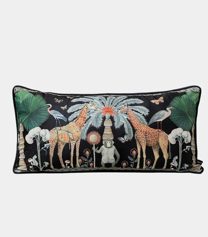 1080 Safari Scene Cushion Covers – Velvet with Whimsical Animal Designs Black Multicolour