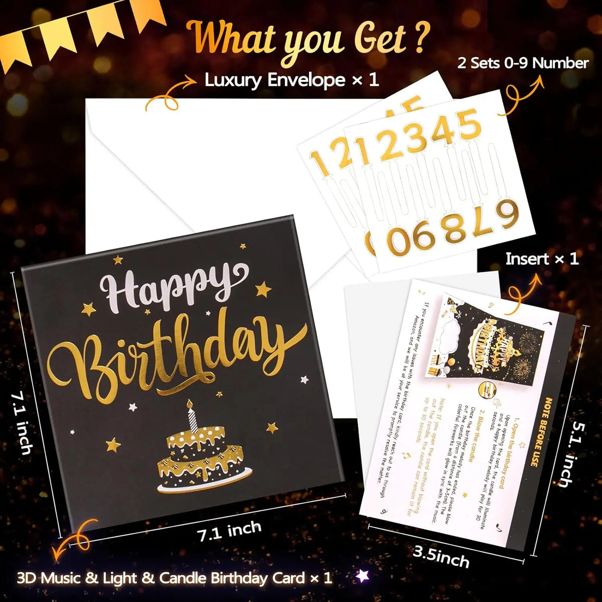 Interactive Birthday Pop-Up Card with 3D Cake, Fireworks, Lights & Music, Blow-Out LED Candle, DIY Age Numbers, Black and Gold Birthday Card for Men & Women