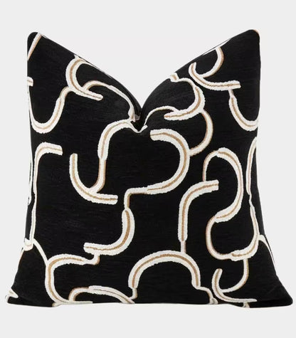 1007 Odessa Black Jacquard Cushion Cover – Ivory & Gold Abstract Swirl, 2 Sizes