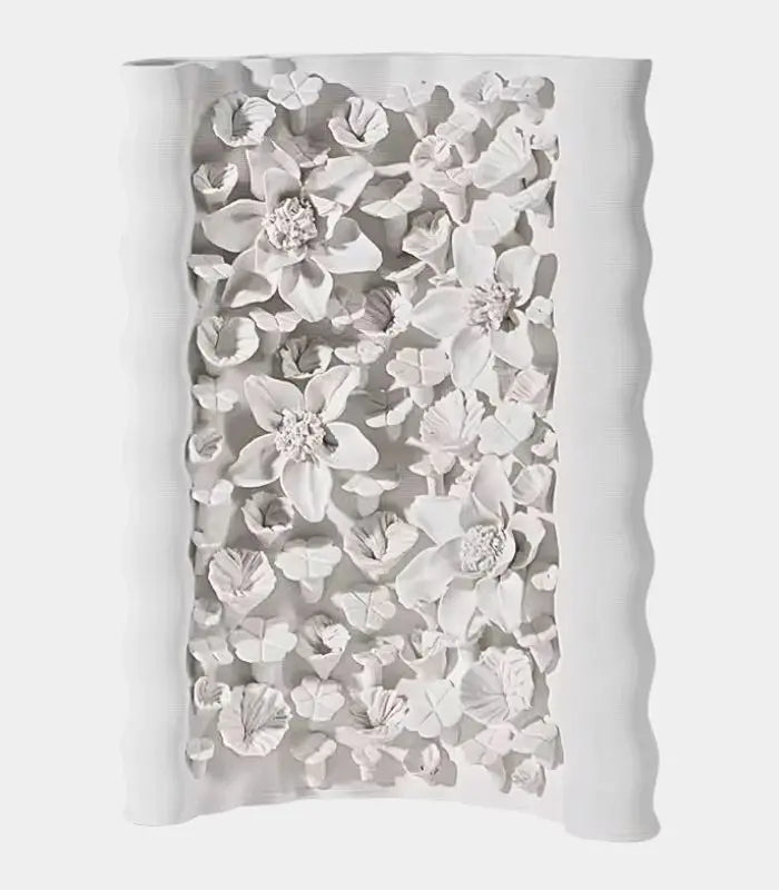 1215 Floral Relief Ceramic Vase – Handcrafted Botanical Sculpture White