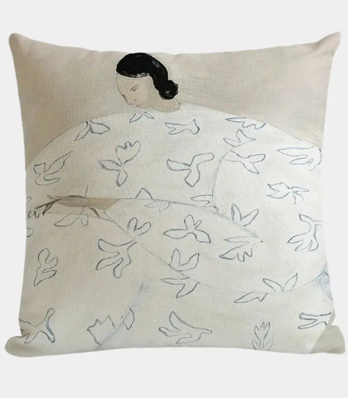 1032 Art-Inspired Cushion Cover – Abstract Figure with Leaf Pattern