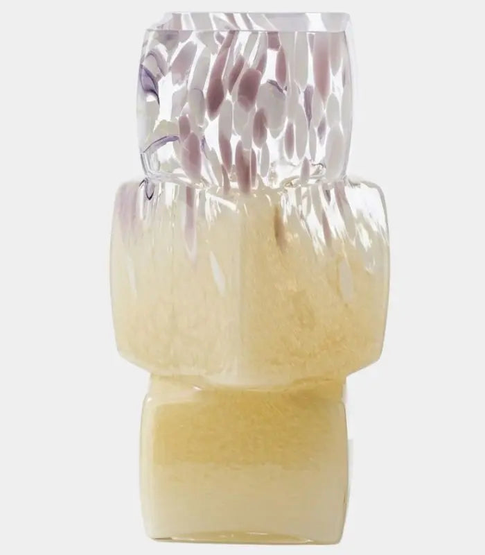1233 Camellia Handcrafted Glass Vase – Golden Yellow & Lavender Speckled Cube-Form Vessel