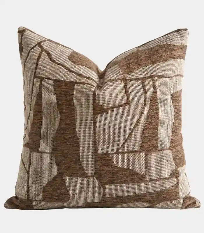 1005 Marchetti Woven Jacquard Cushion Cover – Abstract Cubist Pattern, Brown & Taupe, 2 Sizes
