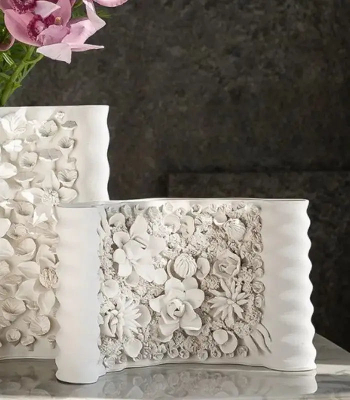 1219 Handcrafted Curved Floral Relief Ceramic Vase – Botanical Sculpture 27 cm (10.63 in)