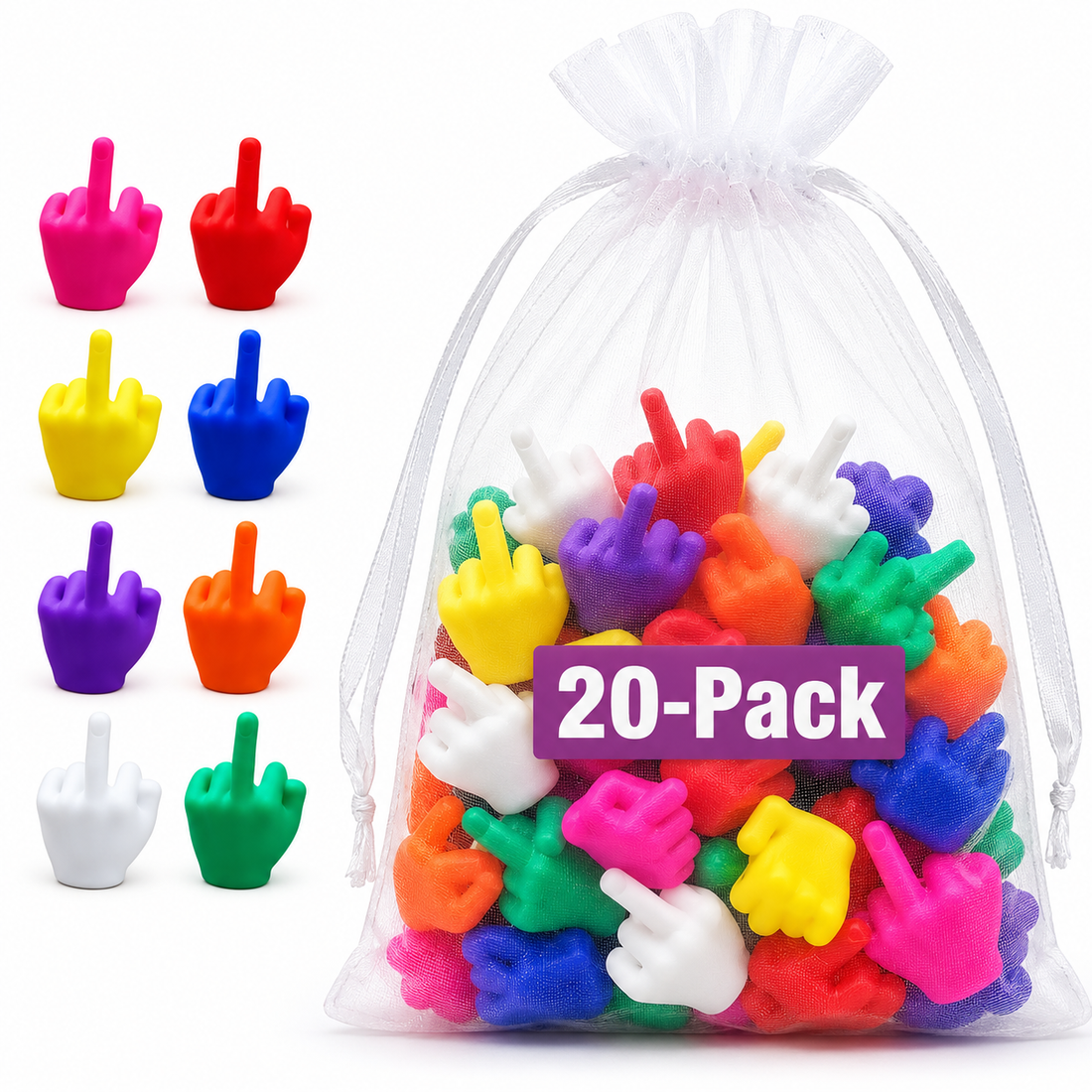 20-Pack 3D Printed Mini Middle Finger Hands, Random Color Funny Novelty Prank Toys, Tiny Gag Gifts for Desk Decor, Party Favors & Crafts
