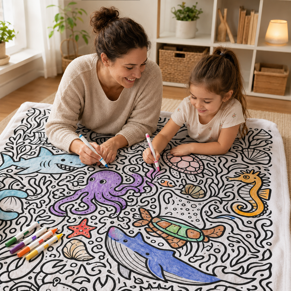 Halloween spooky doodle coloring blanket with line art designs