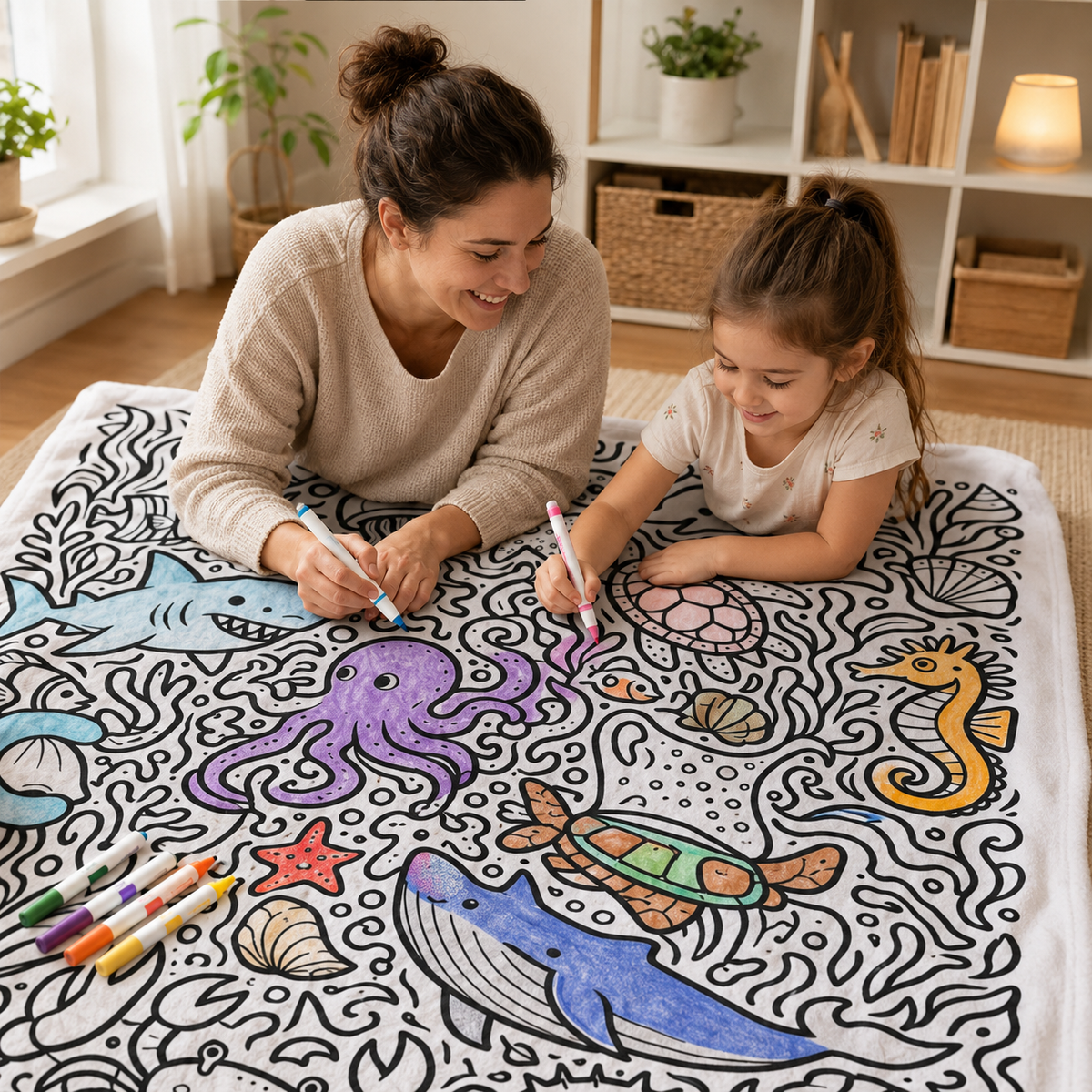 Kids coloring the Halloween doodle blanket with paint markers