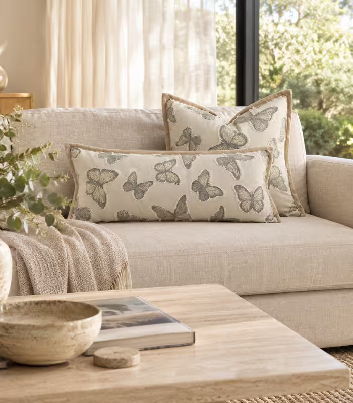 1006 Isadora Woven Jacquard Cushion Cover – Butterfly Motif, Taupe Trim, 3 Sizes