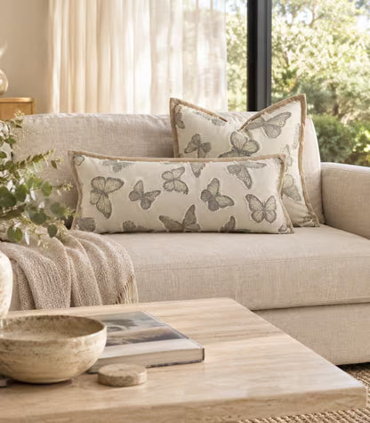1006 Isadora Woven Jacquard Cushion Cover – Butterfly Motif, Taupe Trim, 3 Sizes