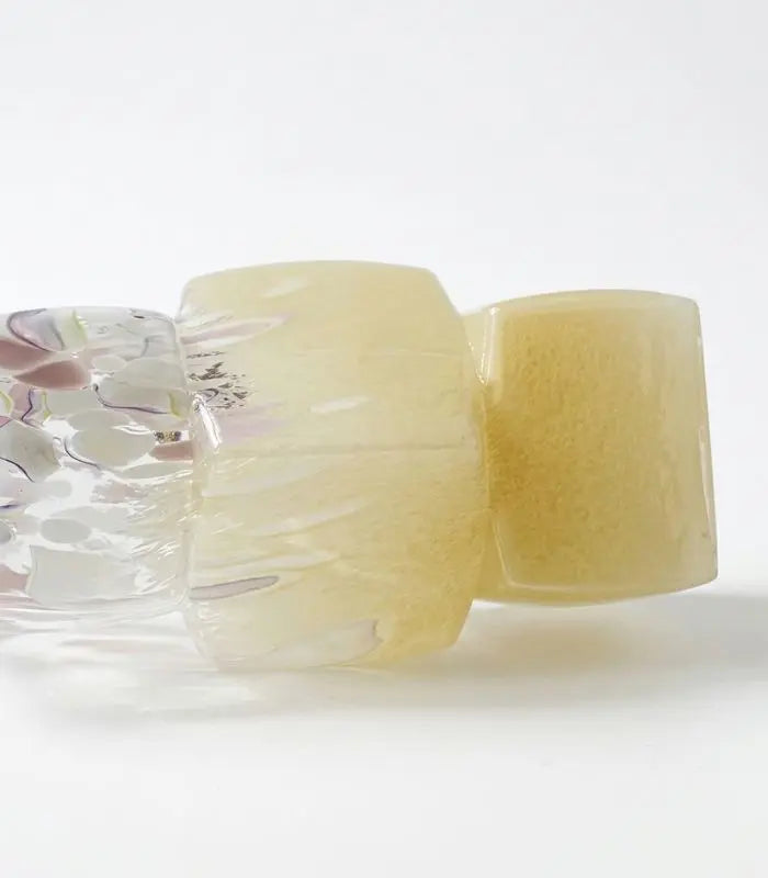 1233 Camellia Handcrafted Glass Vase – Golden Yellow & Lavender Speckled Cube-Form Vessel