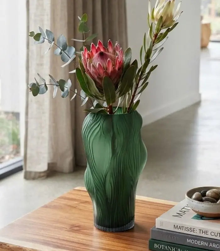 1216 Sylvane Sculptural Glass Vase | Frosted Green Ribbed Decorative Vessel 30 cm / 11.8 in