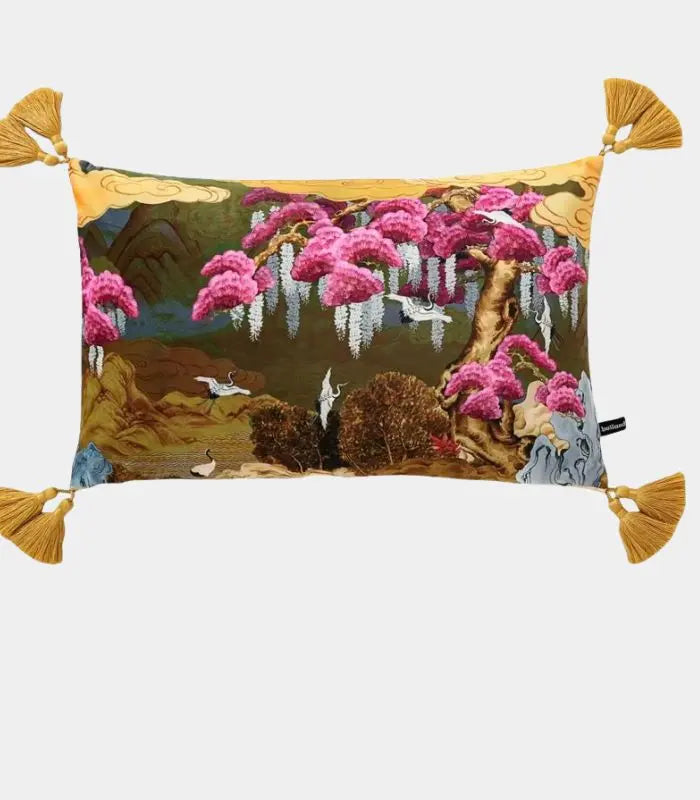 1025 East Asian Garden Tasseled Decorative Cushion Cover - Velvet
