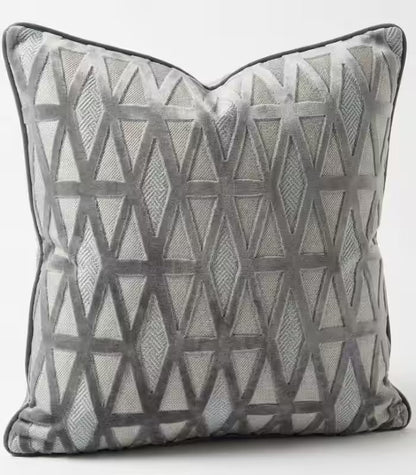 1014 Thessaly Velvet Jacquard Cushion Cover – Geometric Grey Triangle Pattern, 2 Sizes