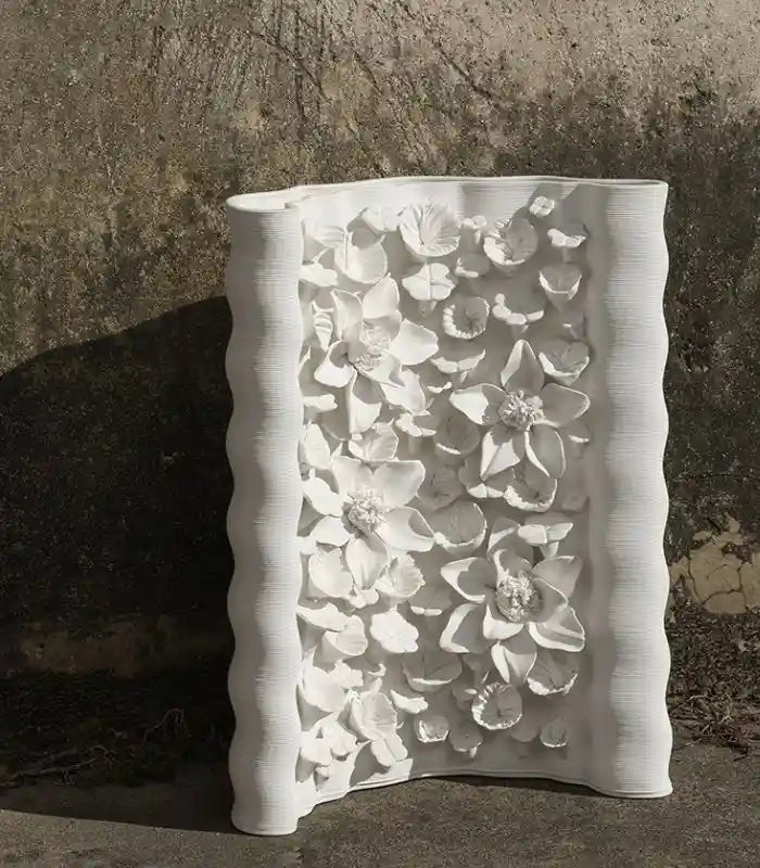 1215 Floral Relief Ceramic Vase – Handcrafted Botanical Sculpture White