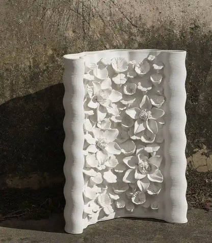 1215 Floral Relief Ceramic Vase – Handcrafted Botanical Sculpture White