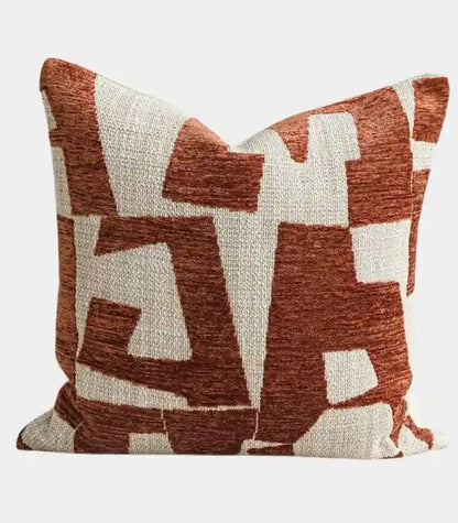 1038 Abstract Geometric Jacquard Cushion Cover — Terracotta & Woven Textile