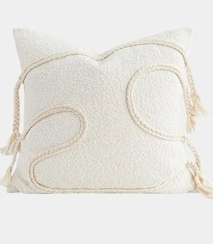 1012 Amaya Woven Boucle Cushion Cover – Ivory with Braided Tassel Detail, 45x45cm (18 in)