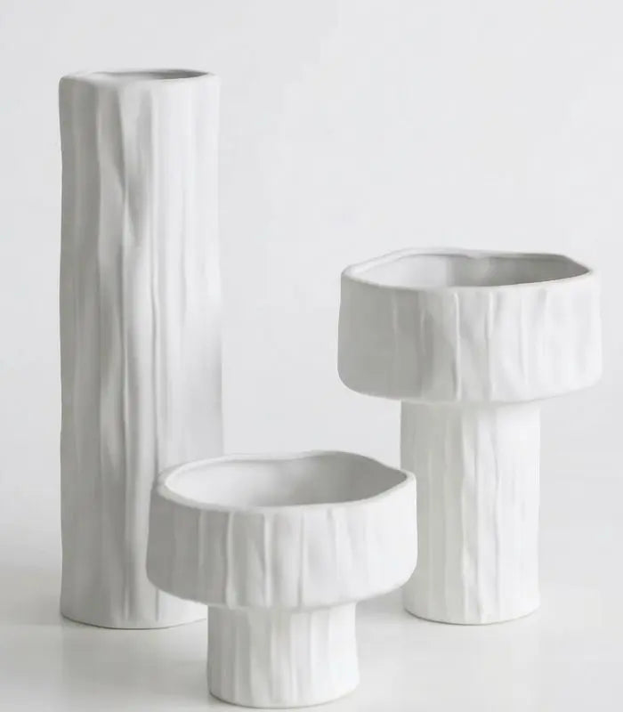 1225 Sylvan Tall Ceramic Vase – White Textured Bark-Effect Cylinder 40 cm / 15.7 in