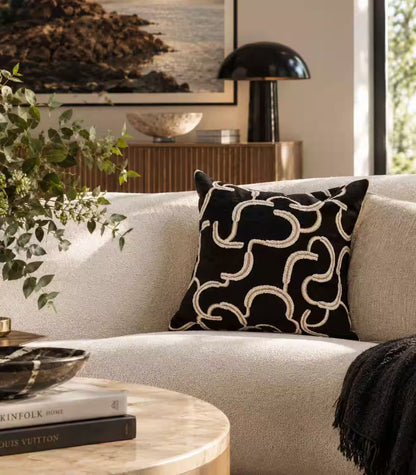 1007 Odessa Black Jacquard Cushion Cover – Ivory & Gold Abstract Swirl, 2 Sizes