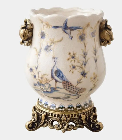 1222 Ophira Crackle-Glaze Porcelain Vase – Hand-Painted Peacock, Gilded Resin Base & Handles 21cm