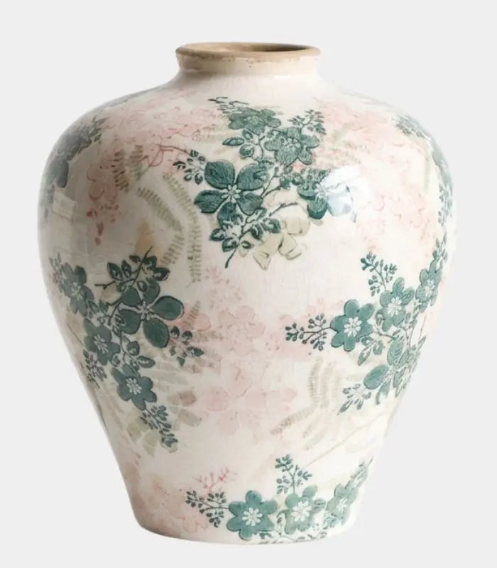 1211 Solène Handcrafted Crackle-Glaze Porcelain Vase – Vintage Floral Ginger Jar, Pink & Green 23 cm (9.1 in)