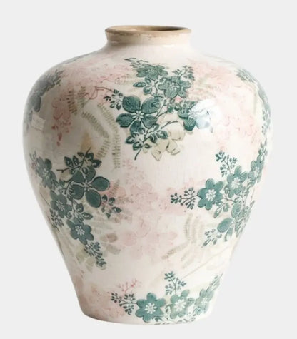 1211 Solène Handcrafted Crackle-Glaze Porcelain Vase – Vintage Floral Ginger Jar, Pink & Green 23 cm (9.1 in)