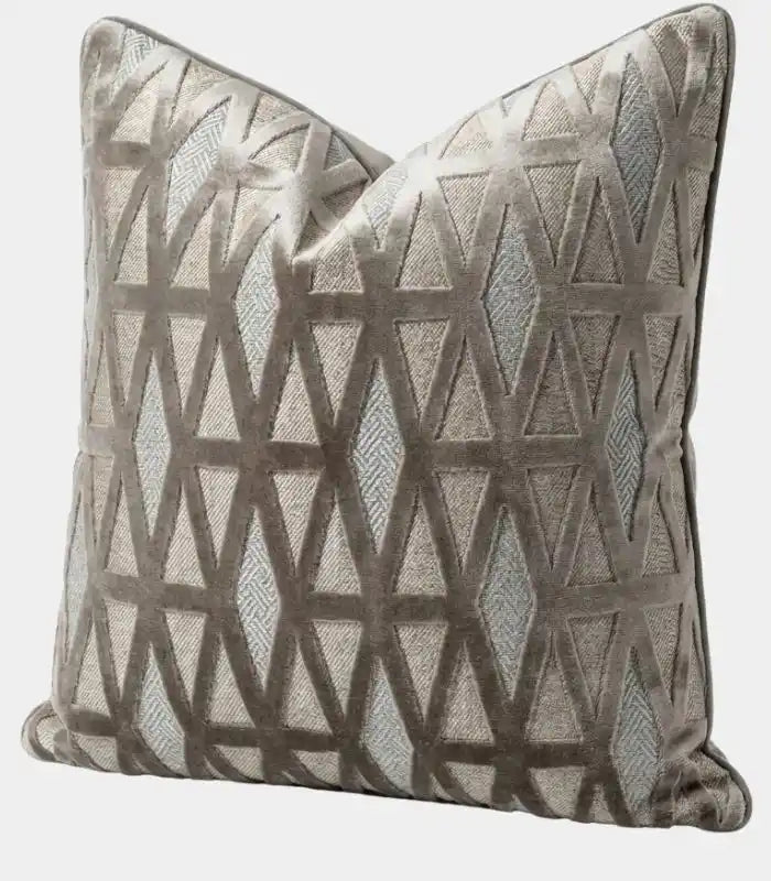 1014 Thessaly Velvet Jacquard Cushion Cover – Geometric Grey Triangle Pattern, 2 Sizes