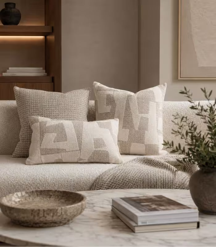 1039 Abstract Geometric Jacquard Cushion Cover — Sand & Ivory Woven Textile