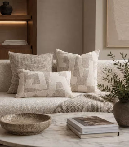 1039 Abstract Geometric Jacquard Cushion Cover — Sand & Ivory Woven Textile