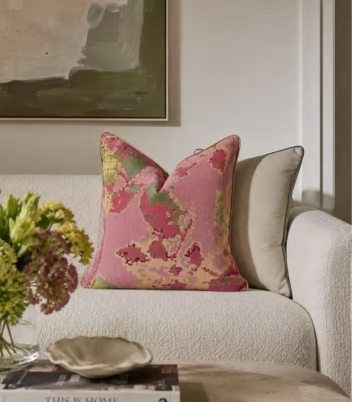 1048 Cartago Jacquard Cushion Cover – Geometric Ikat Pattern in Rose and Olive