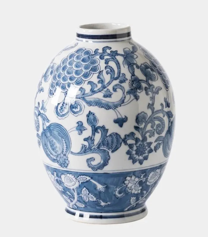 1236 Bellamy Hand-Decorated Porcelain Vase – Blue & White Chinoiserie Floral, Classic Ginger Jar