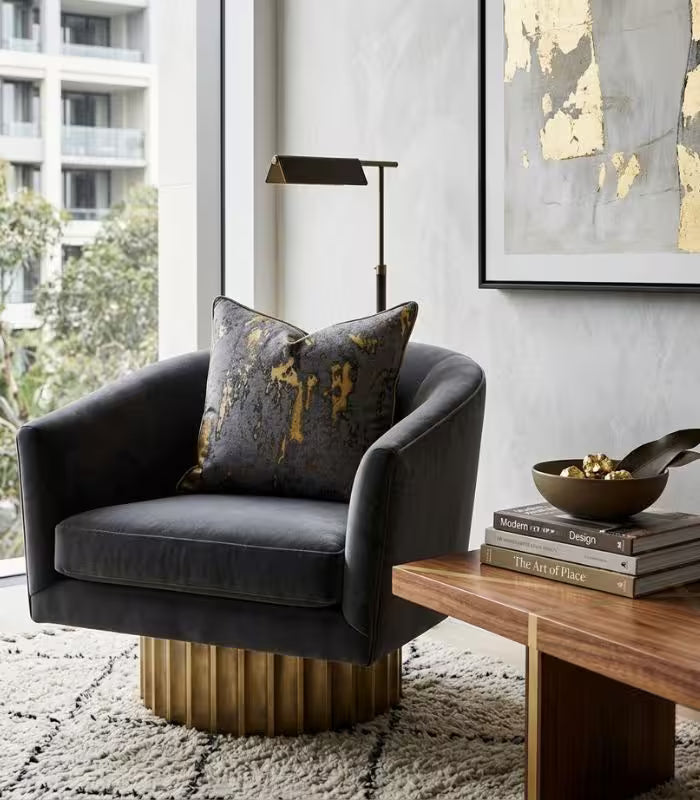 1050 Nocturne Woven Jacquard Cushion Cover – Abstract Gold Brushstroke on Charcoal 45x45 cm