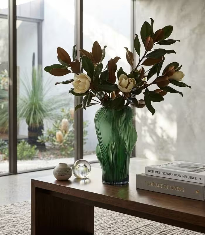 1216 Sylvane Sculptural Glass Vase | Frosted Green Ribbed Decorative Vessel 30 cm / 11.8 in