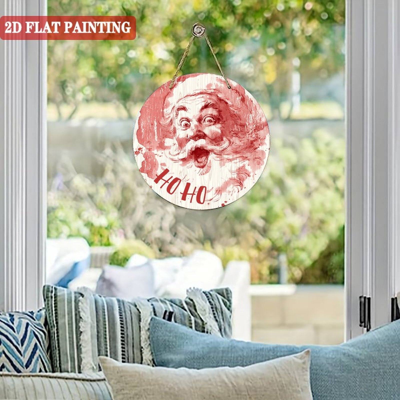 Vintage Santa Face Decor Round Wood Panel Painting 08×08inch(20×20cm)