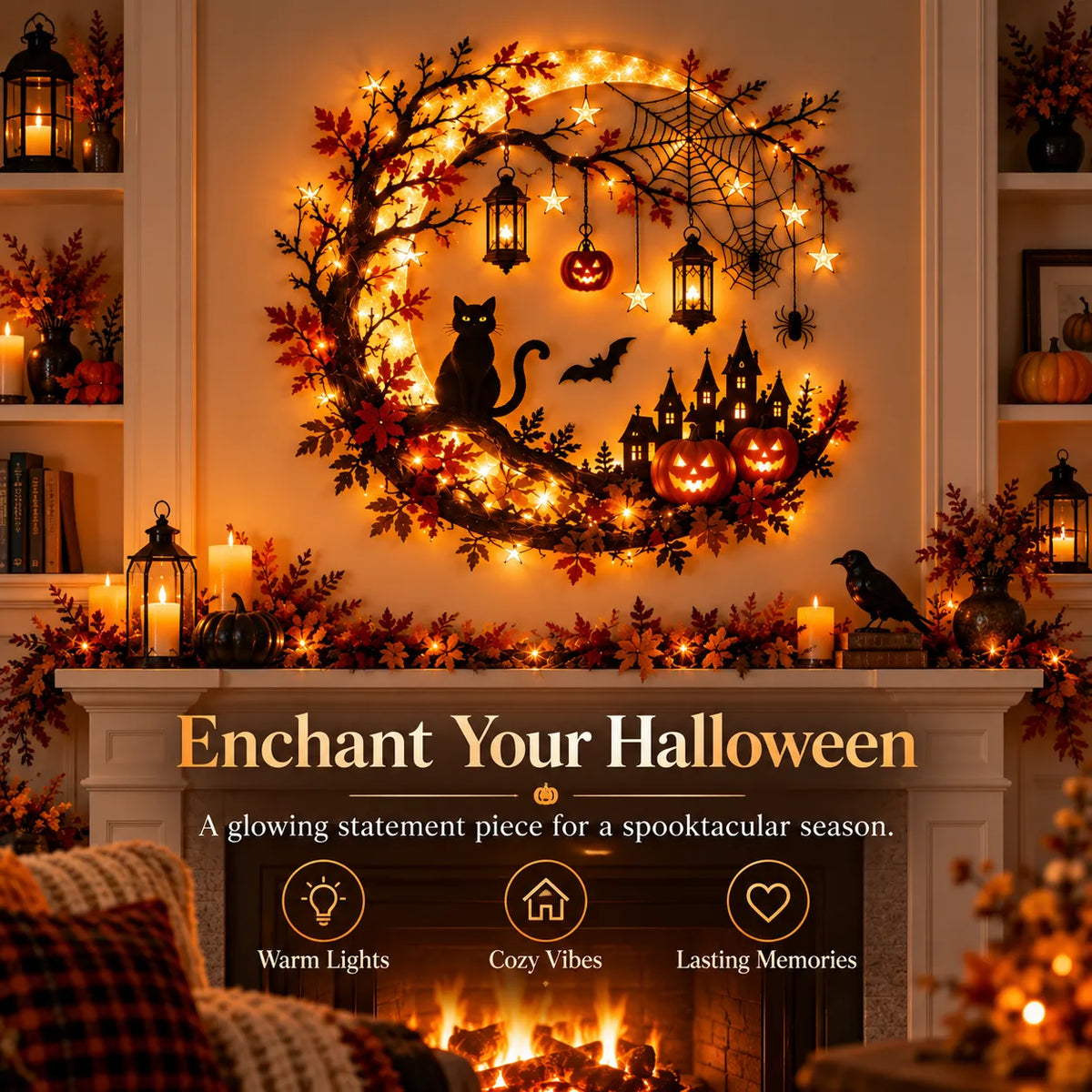 Halloween crescent moon wall light with black cat and pumpkins display