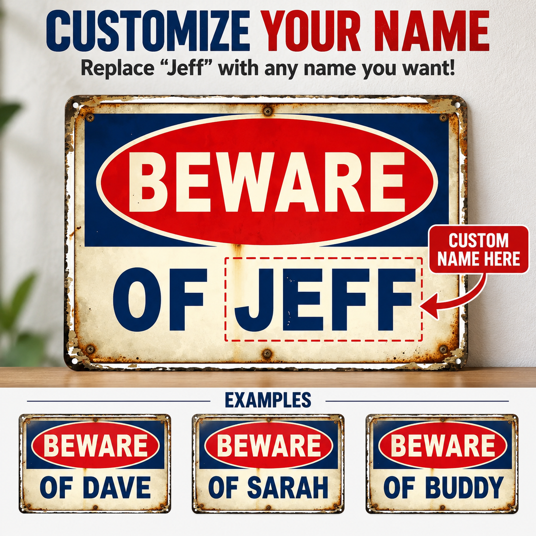 Personalized Beware of Jeff Aluminum Sign, 8 × 12 Inch Custom Name Vintage Metal Sign for Garage, Man Cave, Bar & Home Wall Decor