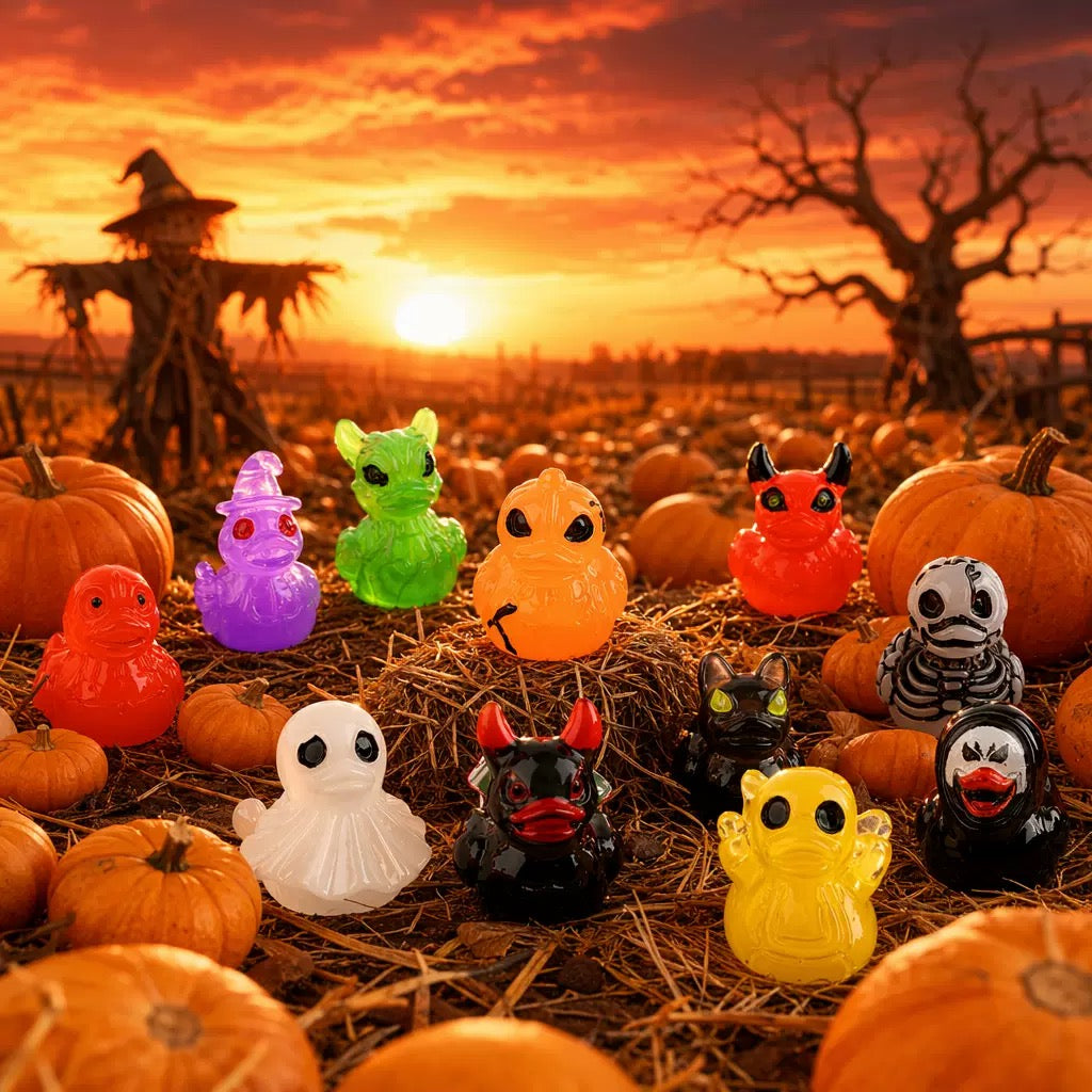 Resin Halloween Mini Duck Figurines, 50 Assorted Devil Ghost Skull Miniatures, Spooky Desktop Decorations & Party Favors
