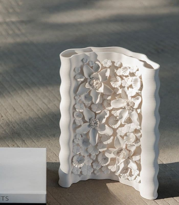 1215 Floral Relief Ceramic Vase – Handcrafted Botanical Sculpture White