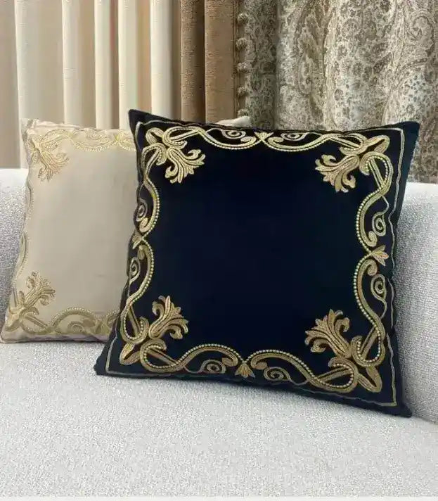 1019 Baroque Embroidered Velvet Cushion Cover - Metallic Thread Border Design - 45x45cm (18x8) - Decorative Throw Pillow Cases