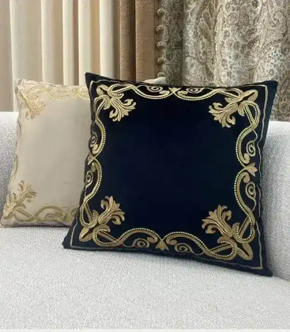 1019 Baroque Embroidered Velvet Cushion Cover - Metallic Thread Border Design - 45x45cm (18x8) - Decorative Throw Pillow Cases