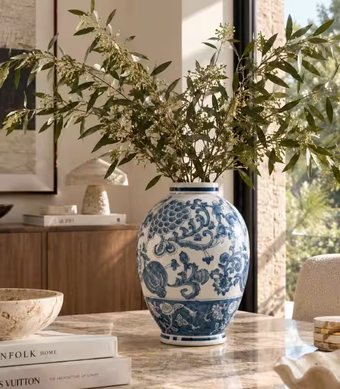 1236 Bellamy Hand-Decorated Porcelain Vase – Blue & White Chinoiserie Floral, Classic Ginger Jar
