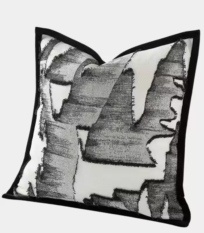 1076 Abstract Brushstroke Cushion Cover – Embroidered Design Black & White