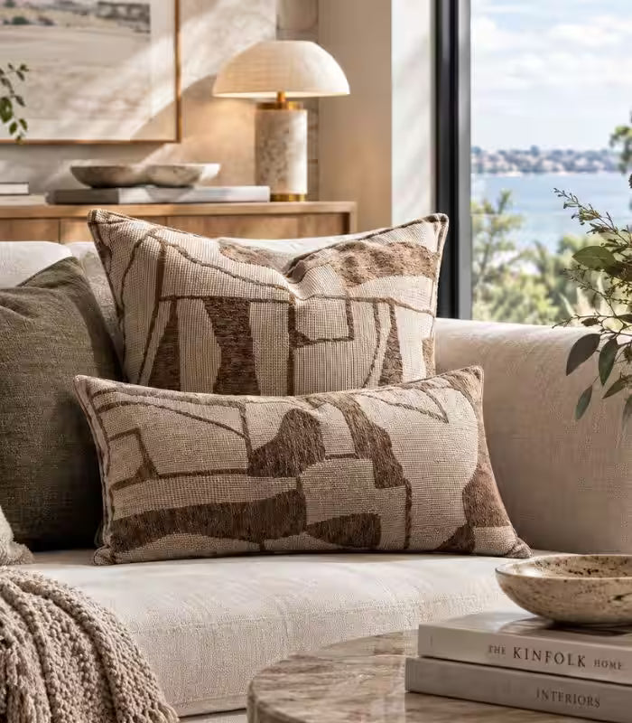 1005 Marchetti Woven Jacquard Cushion Cover – Abstract Cubist Pattern, Brown & Taupe, 2 Sizes