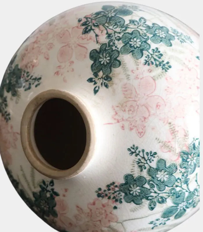 1211 Solène Handcrafted Crackle-Glaze Porcelain Vase – Vintage Floral Ginger Jar, Pink & Green 23 cm (9.1 in)