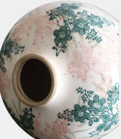 1211 Solène Handcrafted Crackle-Glaze Porcelain Vase – Vintage Floral Ginger Jar, Pink & Green 23 cm (9.1 in)
